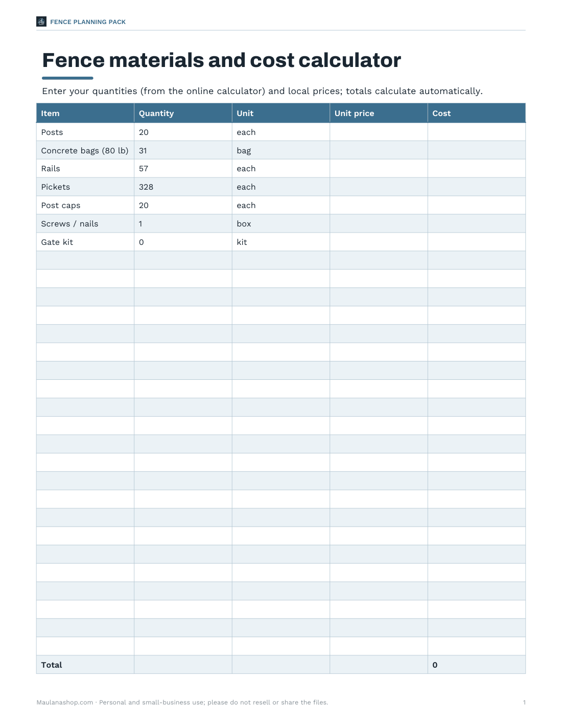 Preview of the first page of Calculator (XLSX)
