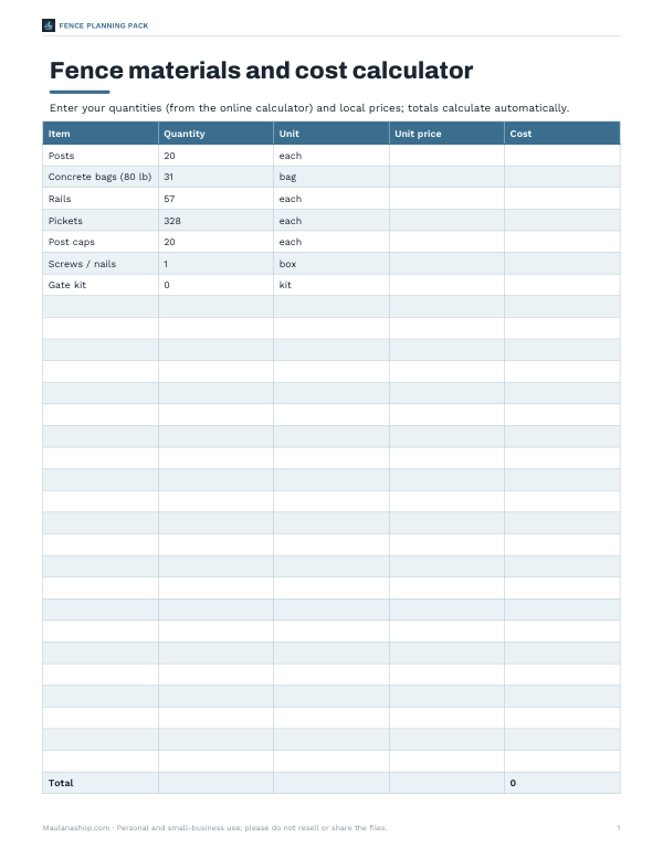 Preview of Fence Post Calculator Worksheet