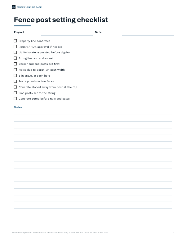 Preview of Printable Fence Post Setting Checklist