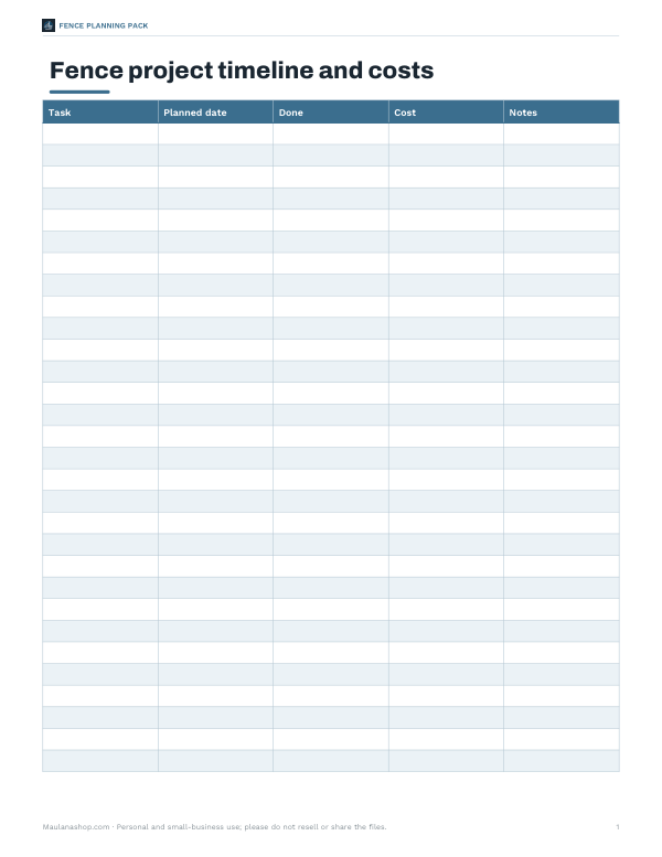 Preview of Printable Fence Project Timeline